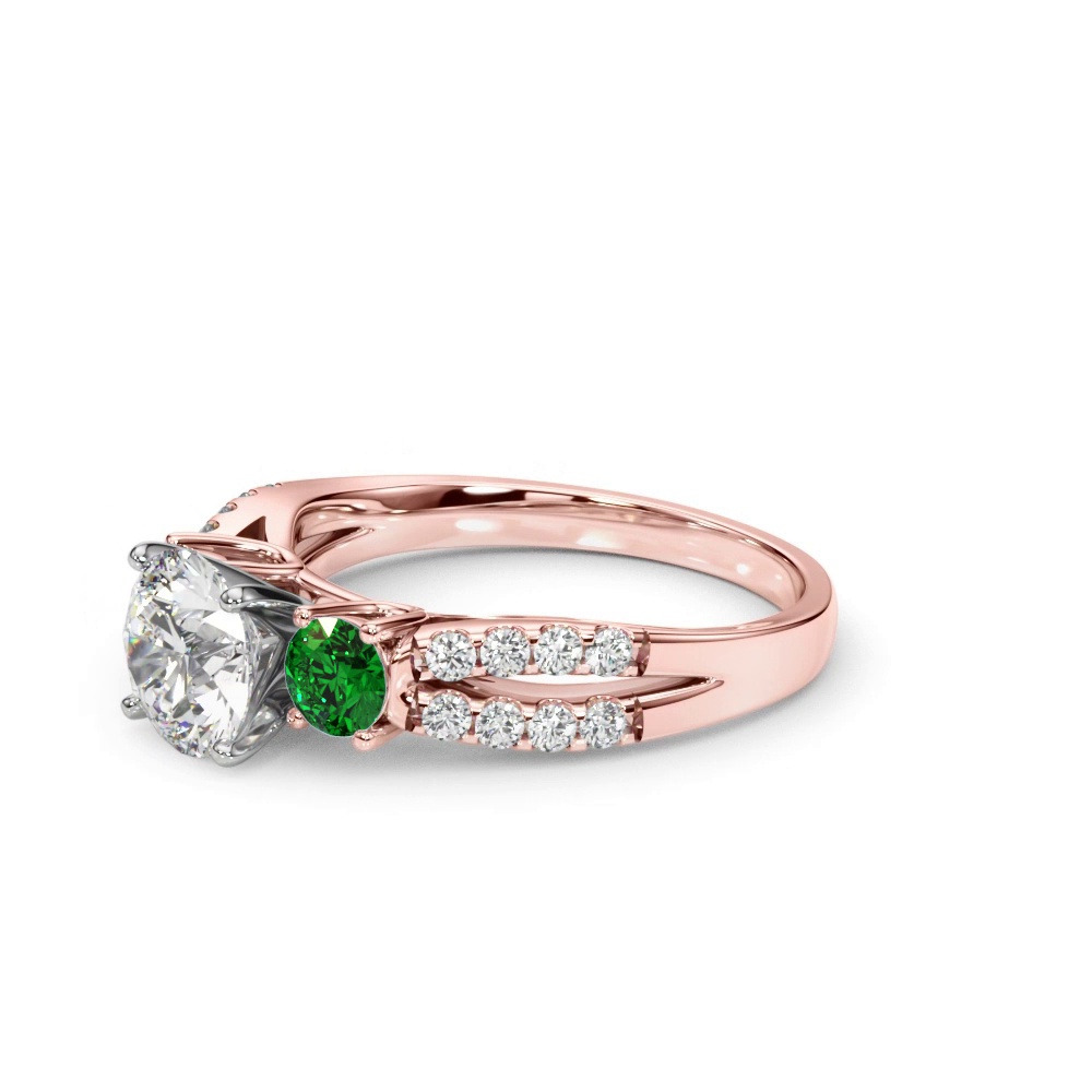 360 degree view of Rosella Three Stone Lab Emerald Engagement Ring