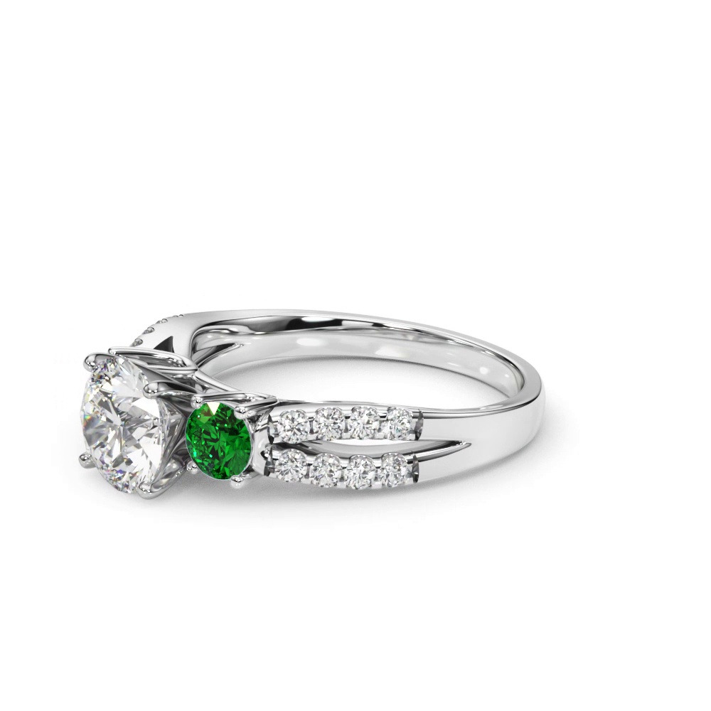 360 degree view of Rosella Three Stone Lab Emerald Engagement Ring