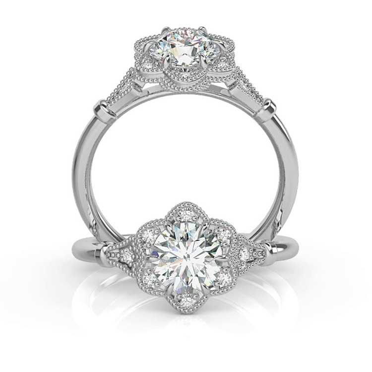 360 degree view of Solaris Floral Beaded Halo Engagement Ring