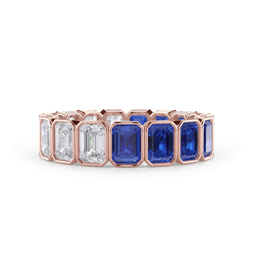 360 degree view of Dual Harmony Emerald-Cut Sapphire and Diamond Bezel Eternity Ring