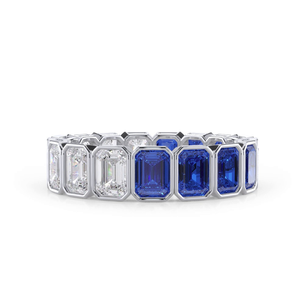 360 degree view of Dual Harmony Emerald-Cut Lab Sapphire and Lab Diamond Bezel Eternity Ring