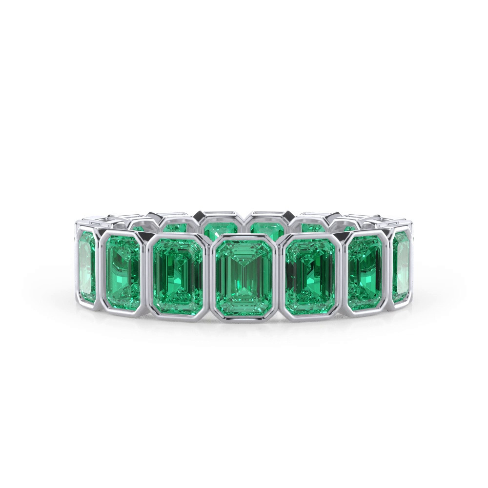 360 degree view of Vibrant Green Lab Emerald Emerald-Cut Bezel-Set Eternity Ring
