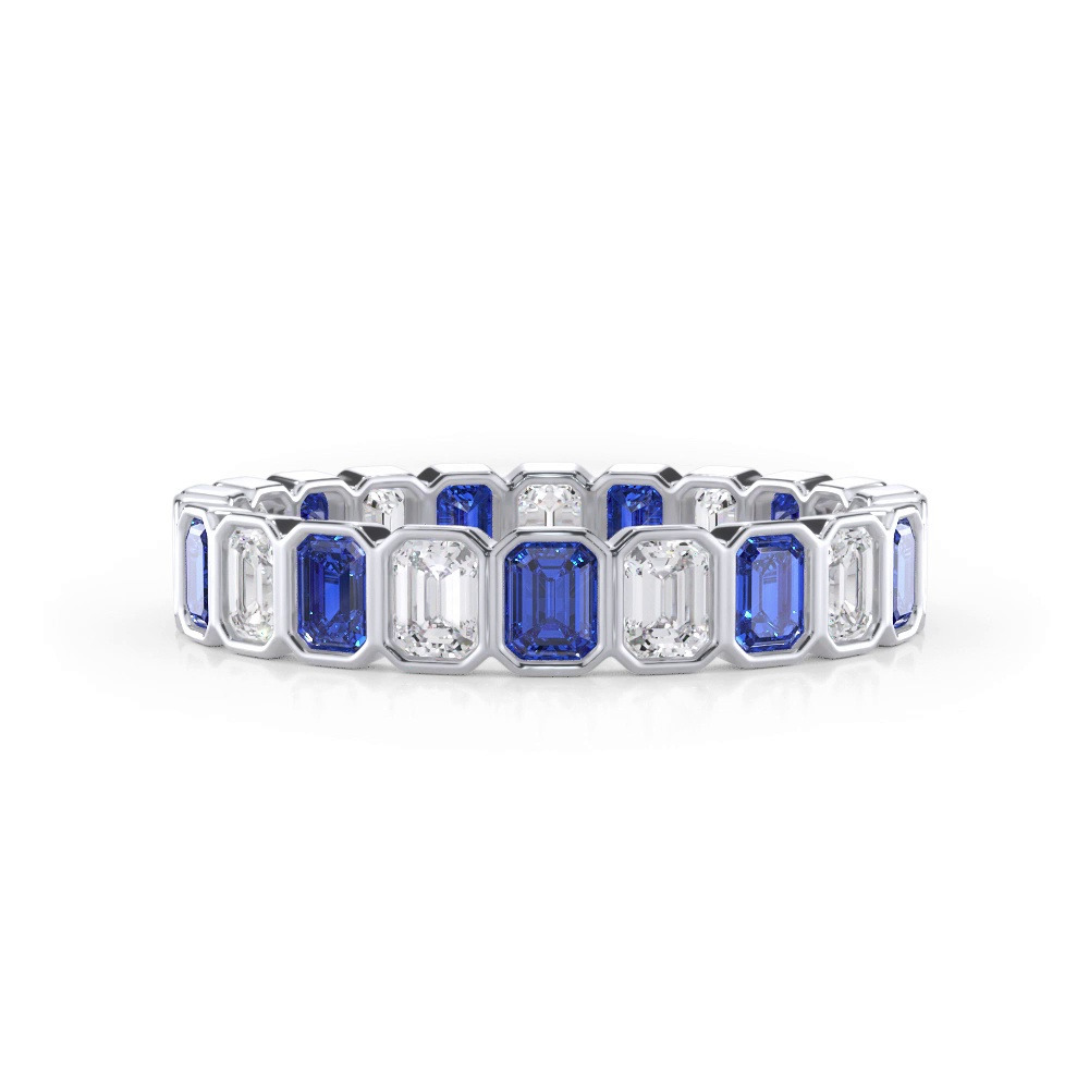 360 degree view of Lab Sapphire and Lab Diamond Emerald-Cut Bezel Eternity Band