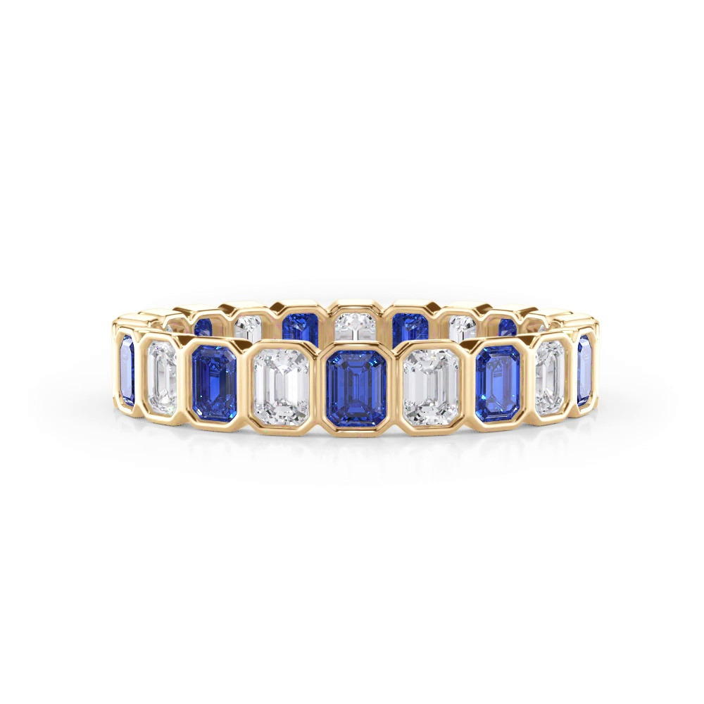 360 degree view of Sapphire and Diamond Emerald-Cut Bezel Eternity Band