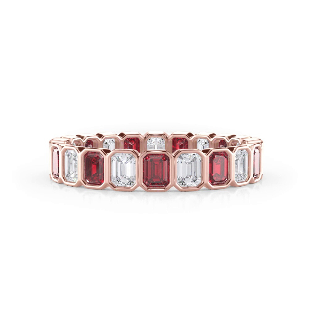 360 degree view of Ruby and Diamond Emerald-Cut Bezel Eternity Band