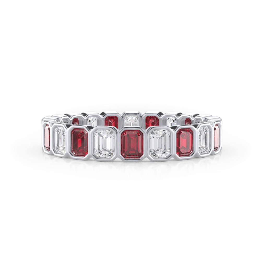 360 degree view of Ruby and Diamond Emerald-Cut Bezel Eternity Band