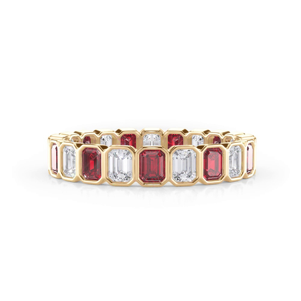 360 degree view of Ruby and Diamond Emerald-Cut Bezel Eternity Band