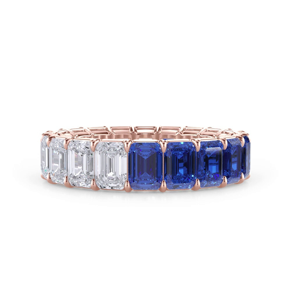 360 degree view of Dual Harmony Emerald-Cut Lab Sapphire and Lab Eternity Ring