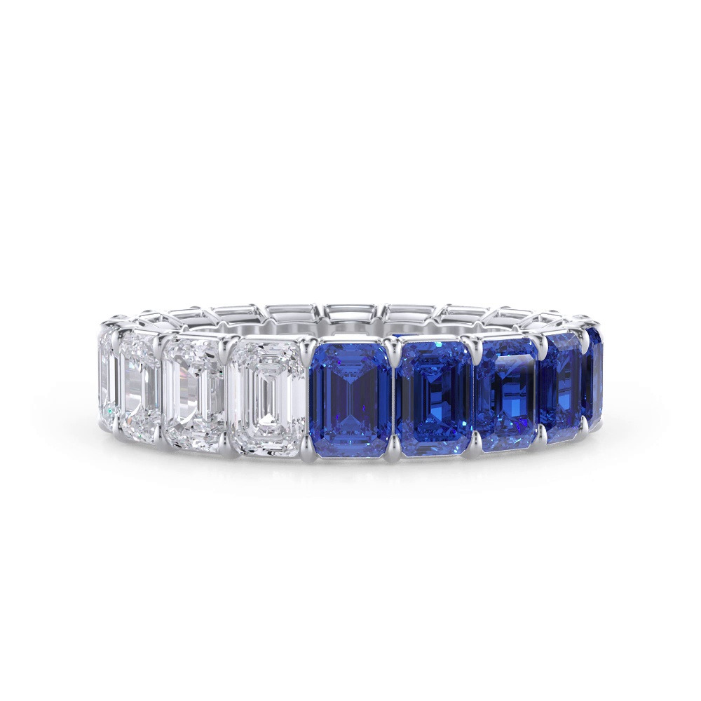 360 degree view of Dual Harmony Emerald-Cut Lab Sapphire and Lab Eternity Ring