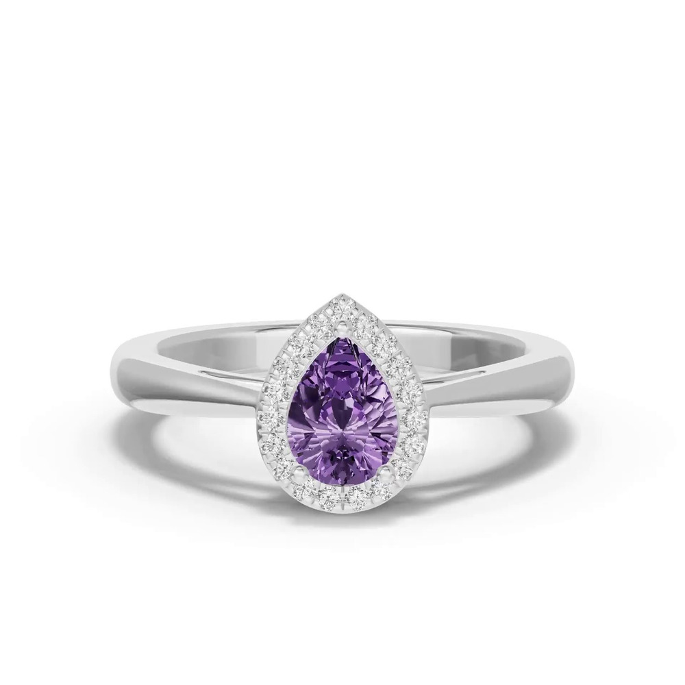 360 degree view of Pear Amethyst Lab Diamond Halo Ring