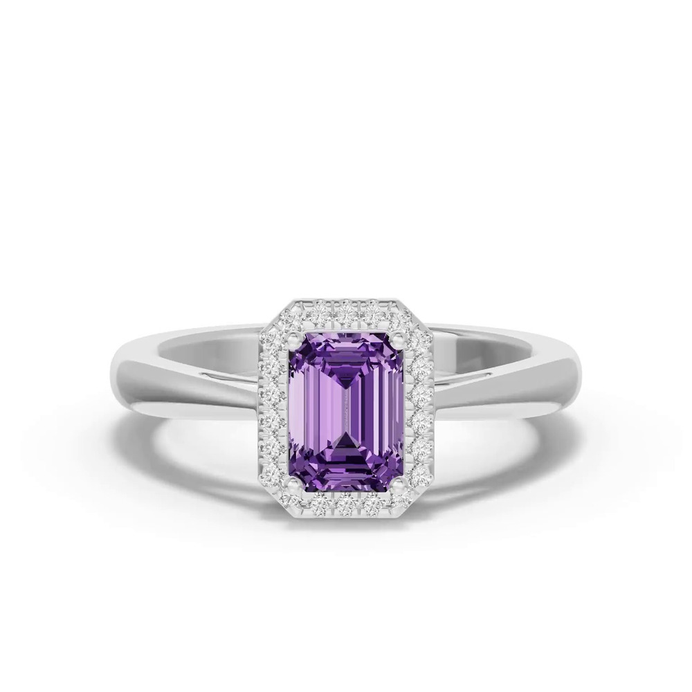 360 degree view of Emerald Amethyst Lab Diamond Halo Ring