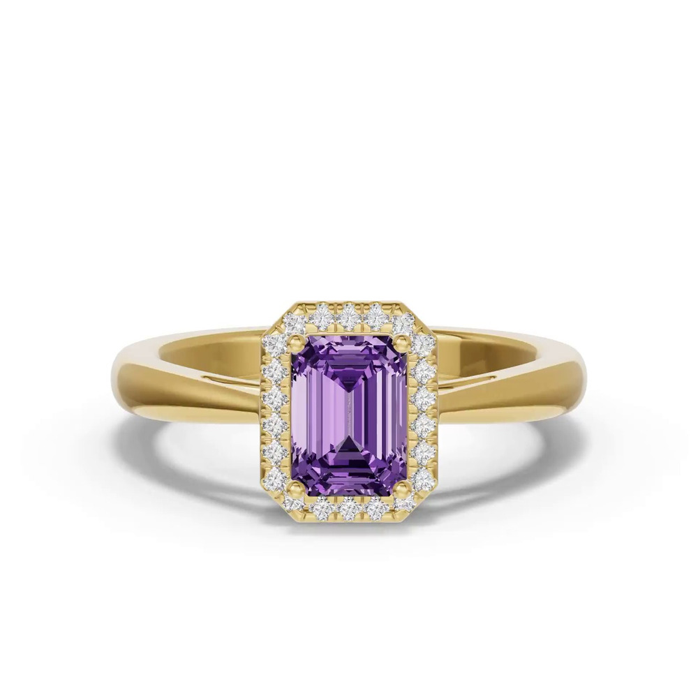 360 degree view of Emerald Amethyst Lab Diamond Halo Ring