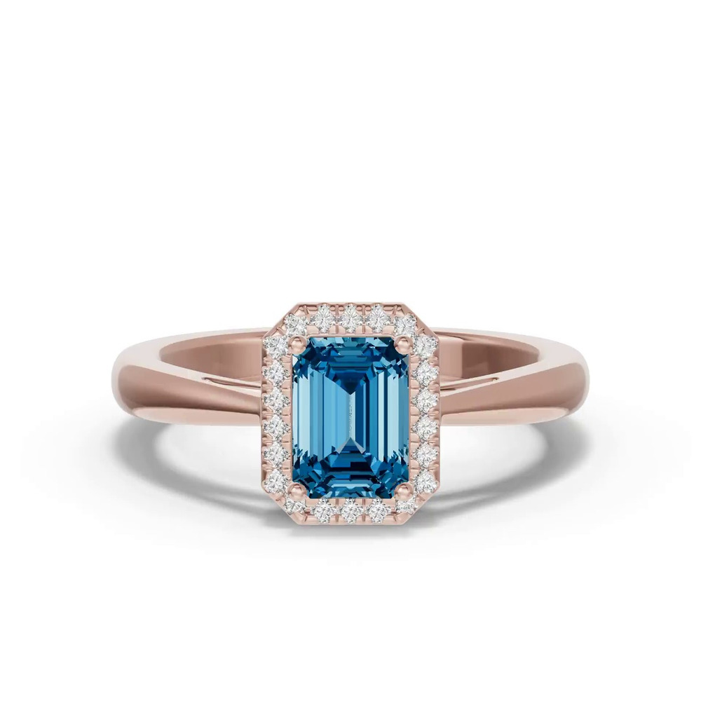 360 degree view of Emerald Blue Topaz Lab Diamond Halo Ring