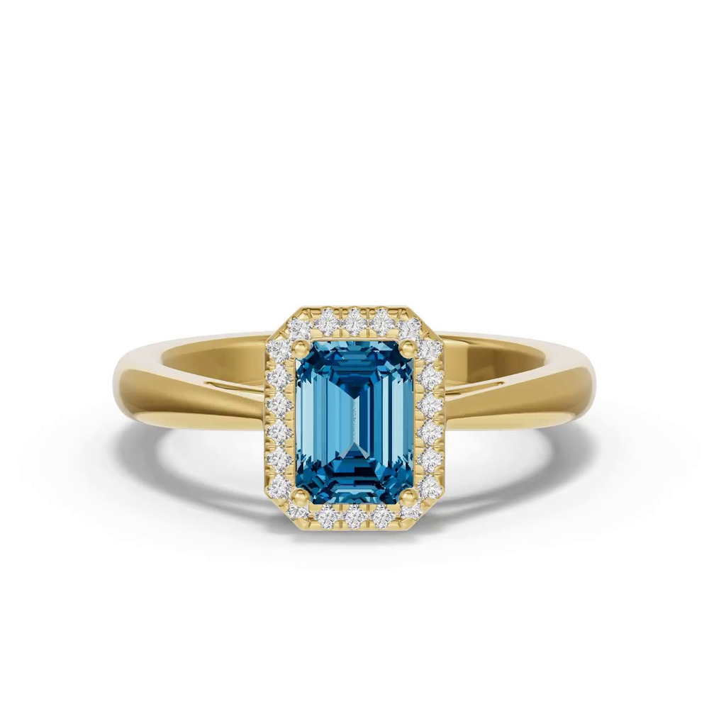360 degree view of Emerald Blue Topaz Lab Diamond Halo Ring