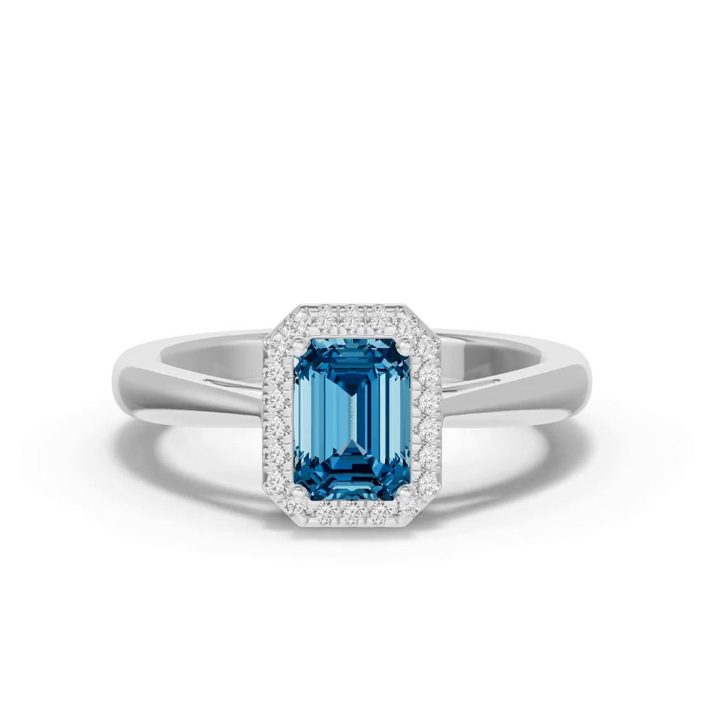 360 degree view of Emerald Blue Topaz Lab Diamond Halo Ring