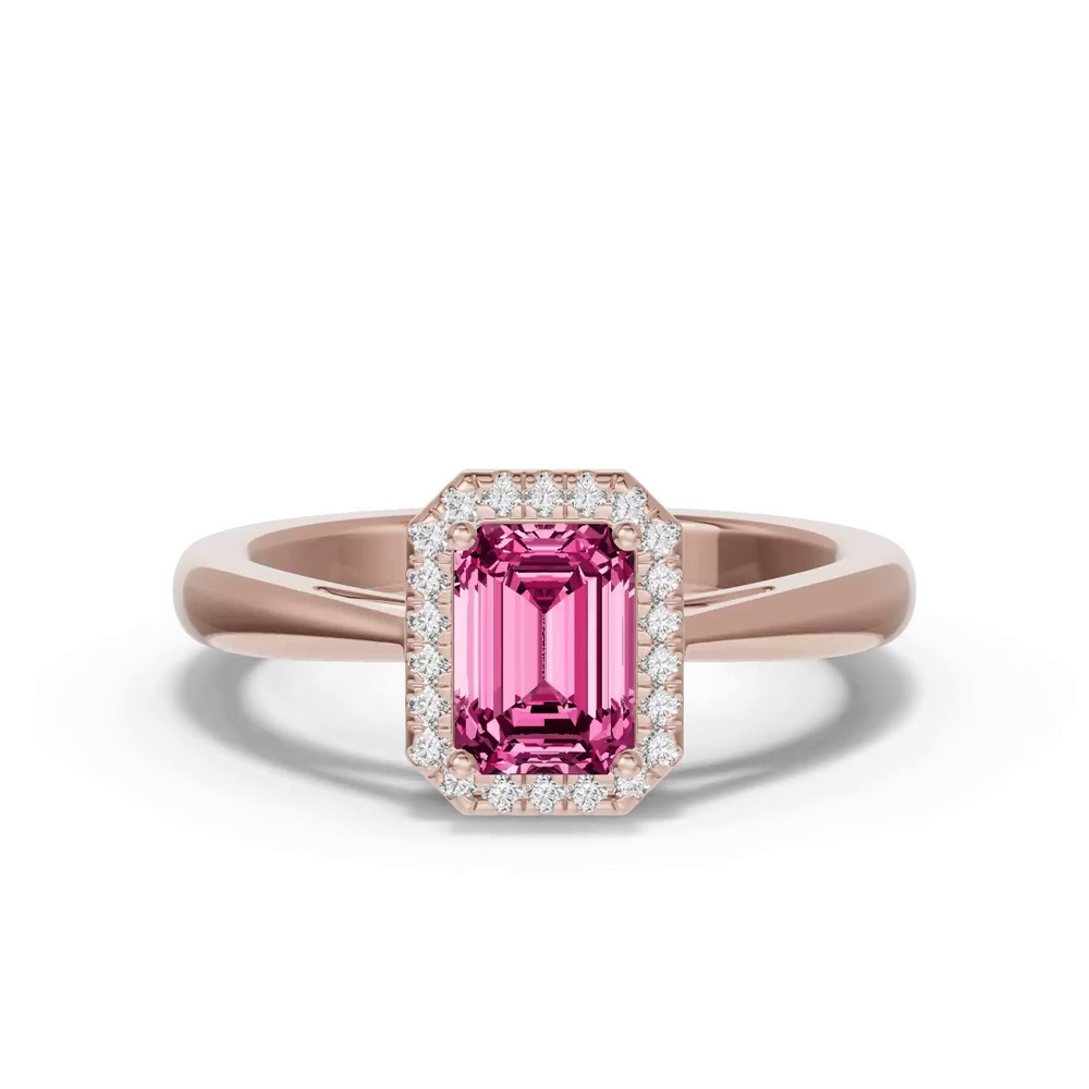360 degree view of Emerald Pink Tourmaline Lab Diamond Halo Ring
