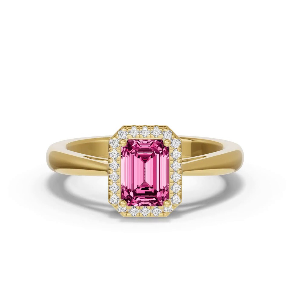 360 degree view of Emerald Pink Tourmaline Lab Diamond Halo Ring