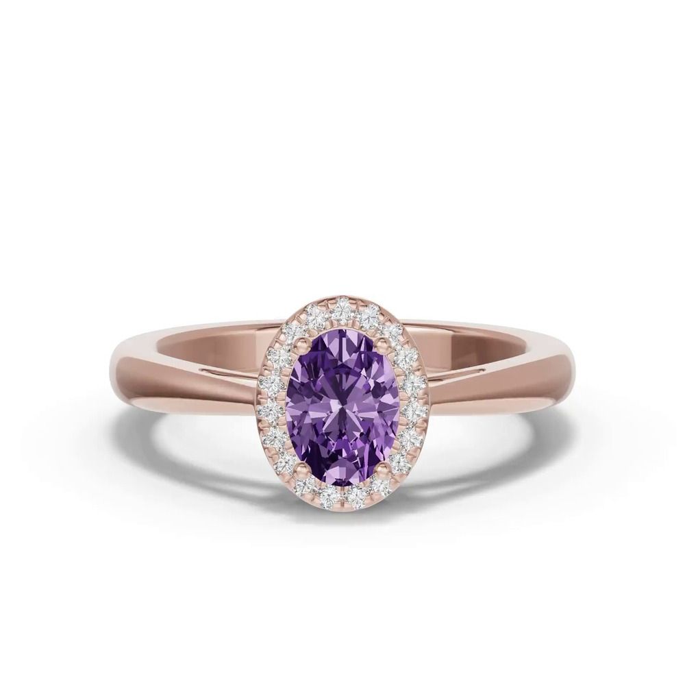 360 degree view of Oval Amethyst Lab Diamond Halo Ring