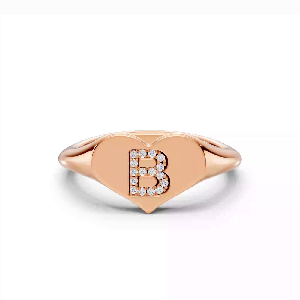 360 degree view of Heart Pavé Lab Diamond Initial Signet Ring - B