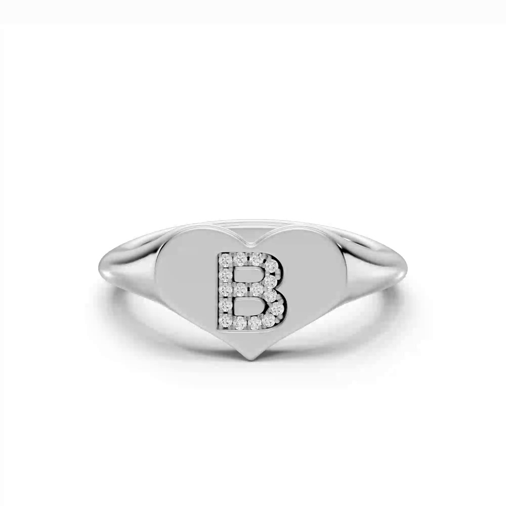 360 degree view of Heart Pavé Lab Diamond Initial Signet Silver Ring - B