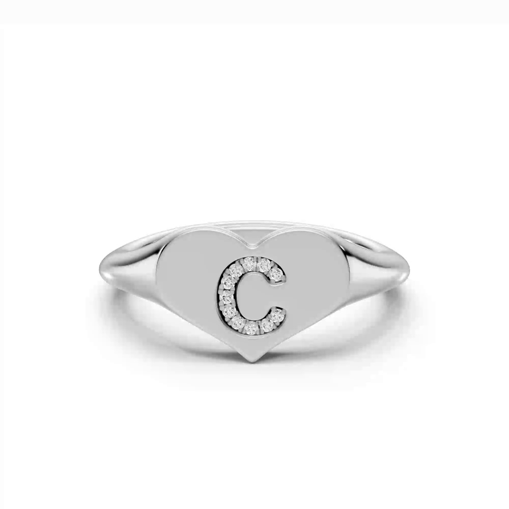 360 degree view of Heart Pavé Diamond Initial Signet Ring - C