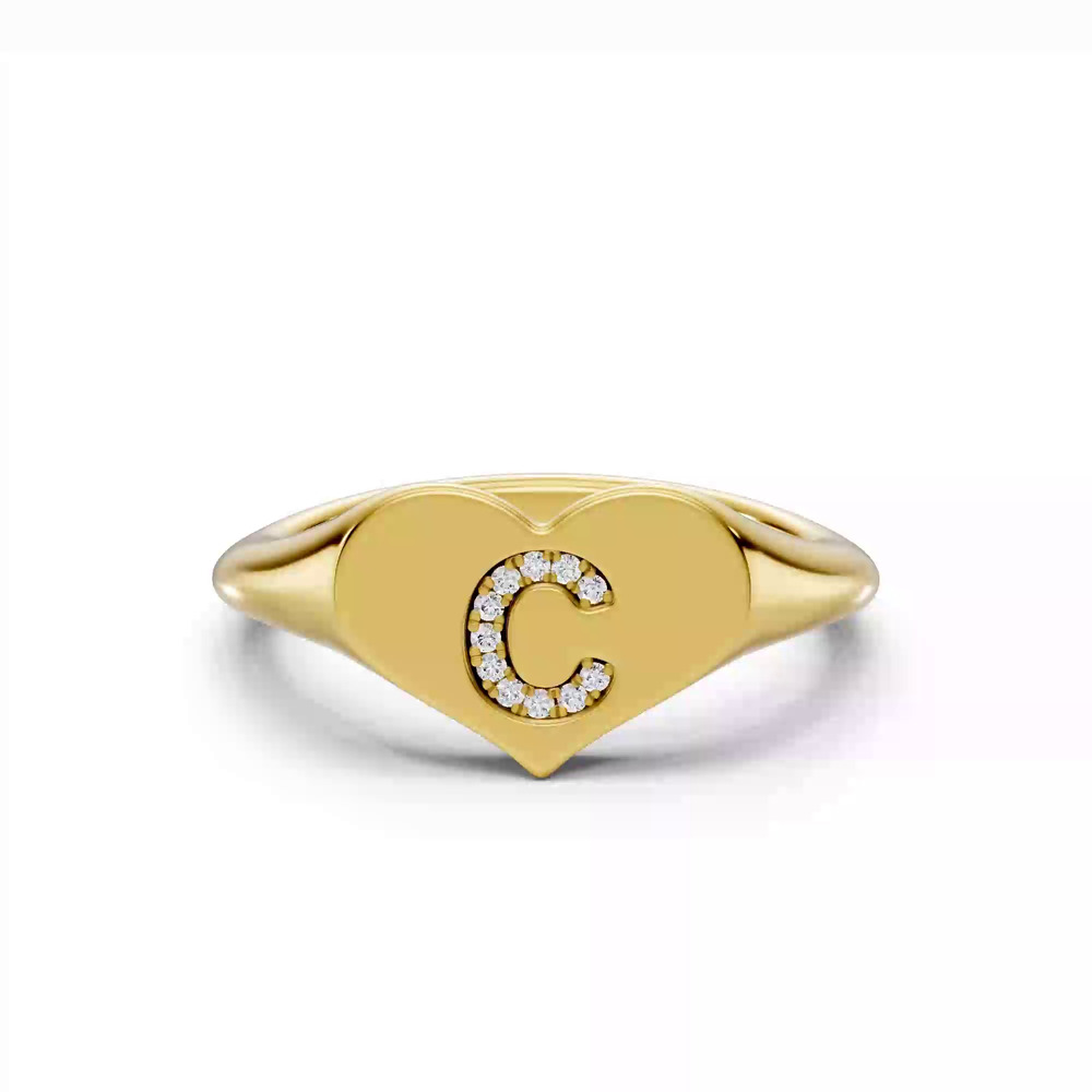 360 degree view of Heart Pavé Diamond Initial Signet Ring - C