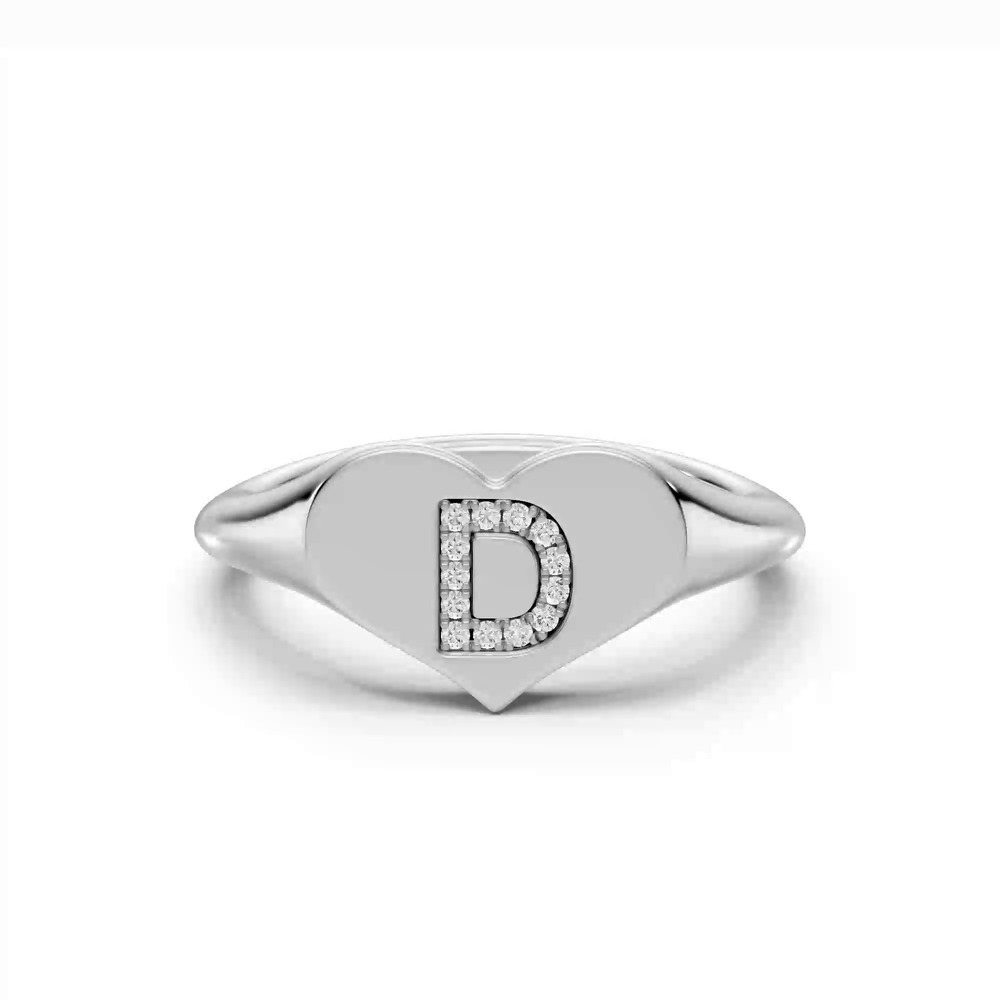 360 degree view of Heart Pavé Diamond Initial Signet Ring - D
