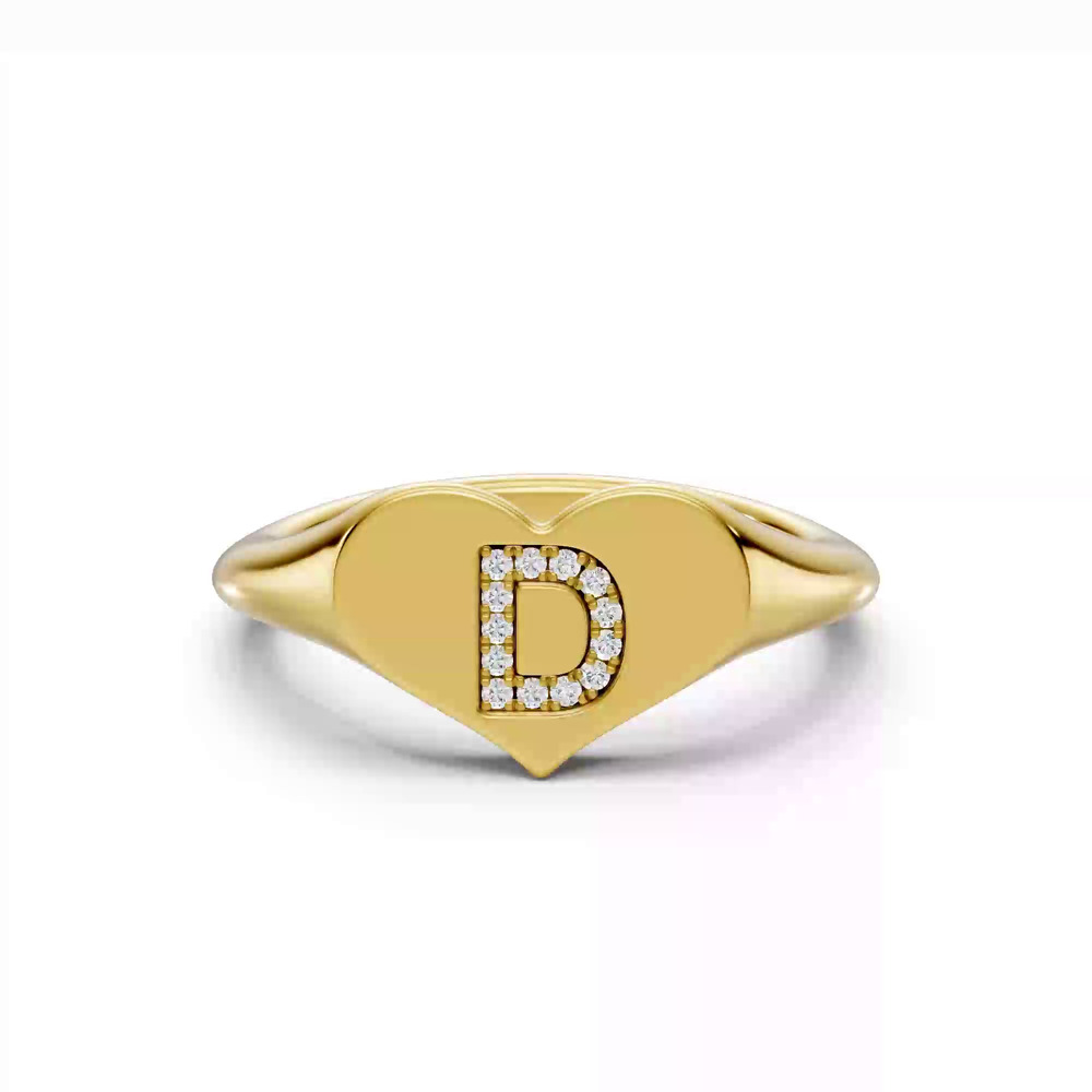 360 degree view of Heart Pavé Lab Diamond Initial Signet Ring - D