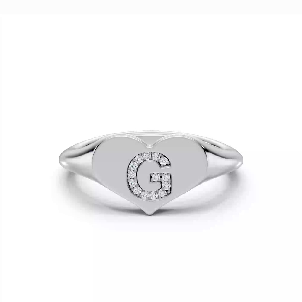 360 degree view of Heart Pavé Diamond Initial Signet Silver Ring - G