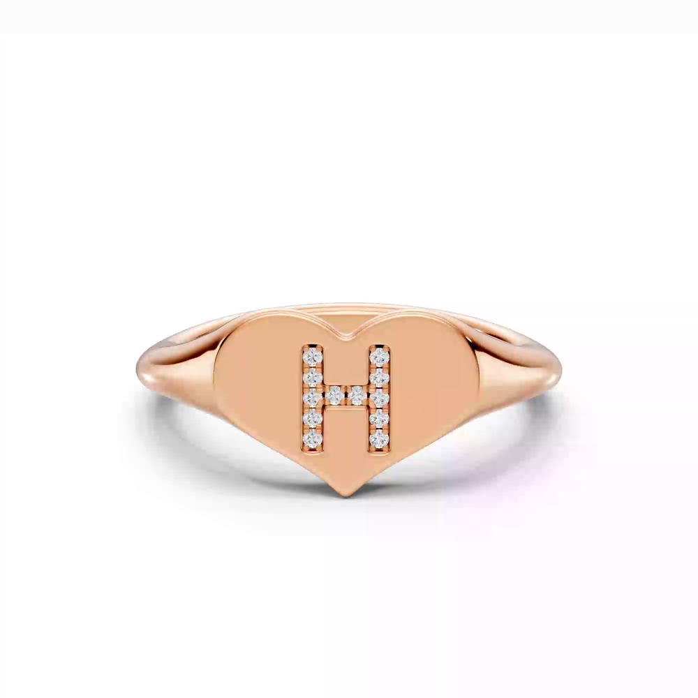 360 degree view of Heart Pavé Diamond Initial Signet Ring - H