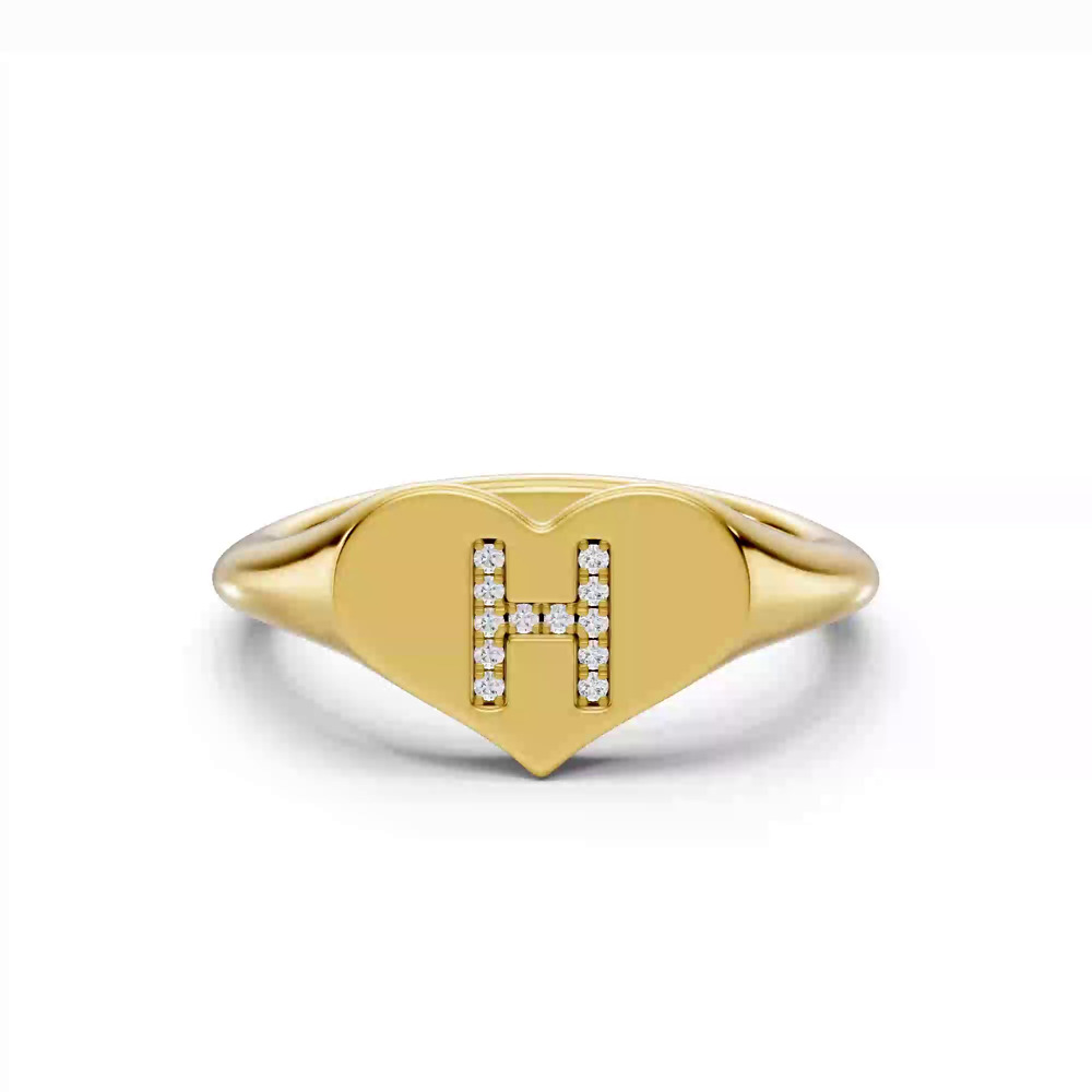 360 degree view of Heart Pavé Diamond Initial Signet Ring - H