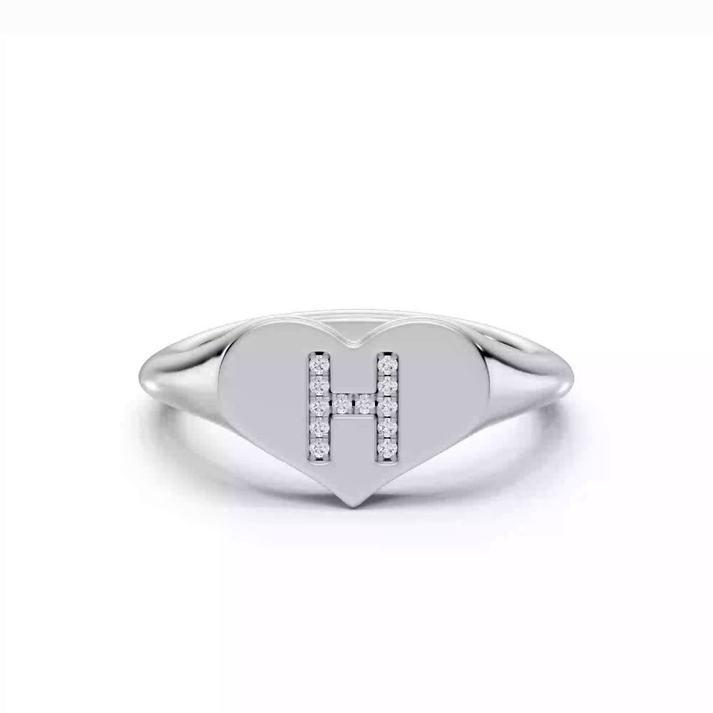 360 degree view of Heart Pavé Diamond Initial Signet Ring - H