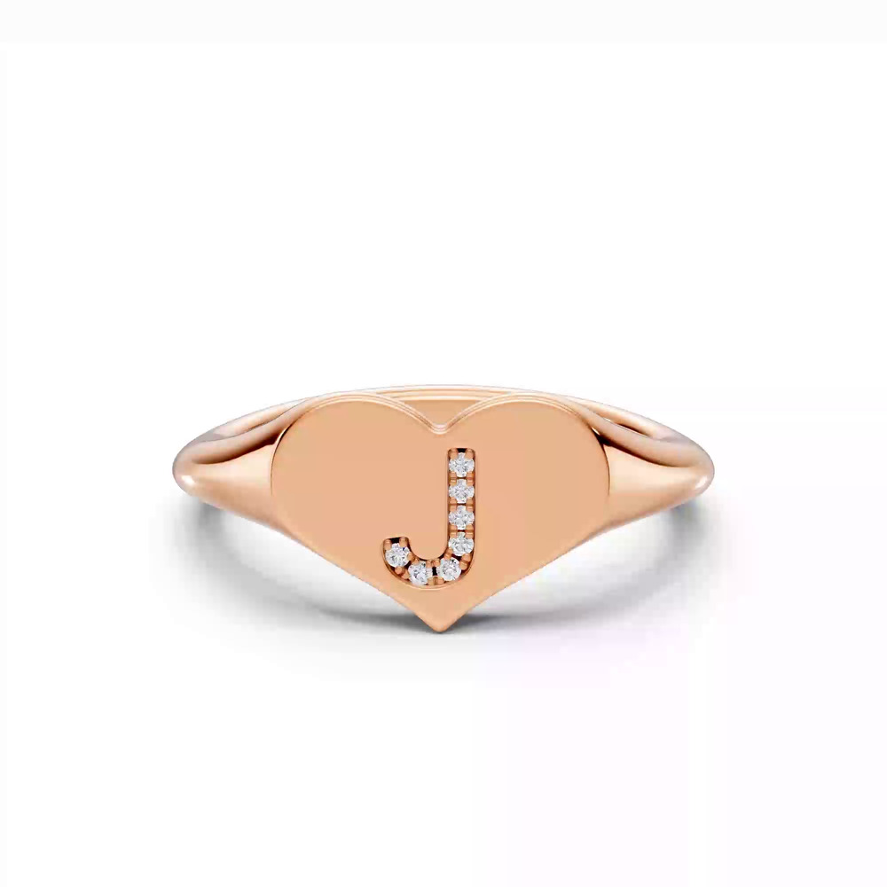 360 degree view of Heart Pavé Diamond Initial Signet Ring - J