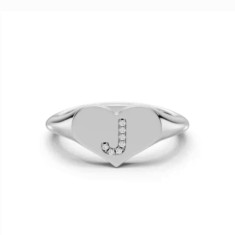 360 degree view of Heart Pavé Diamond Initial Signet Ring - J