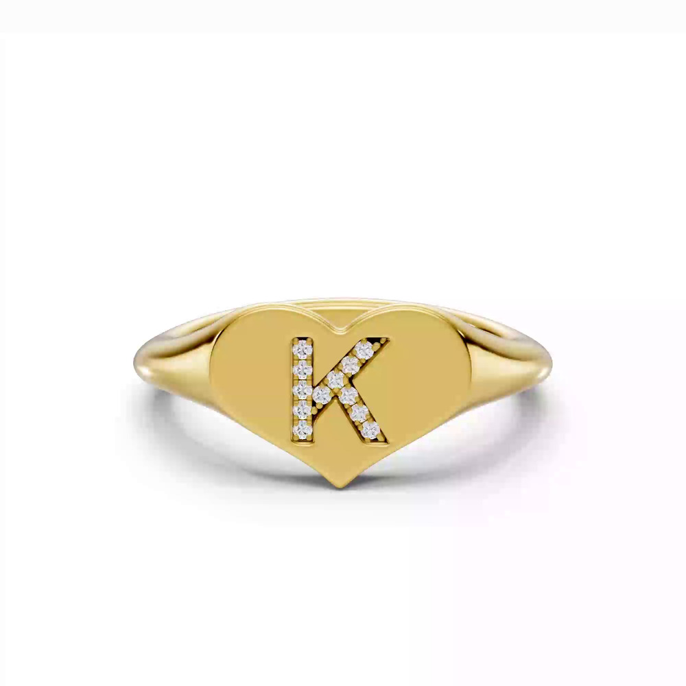 360 degree view of Heart Pavé Lab Diamond Initial Signet Ring - K
