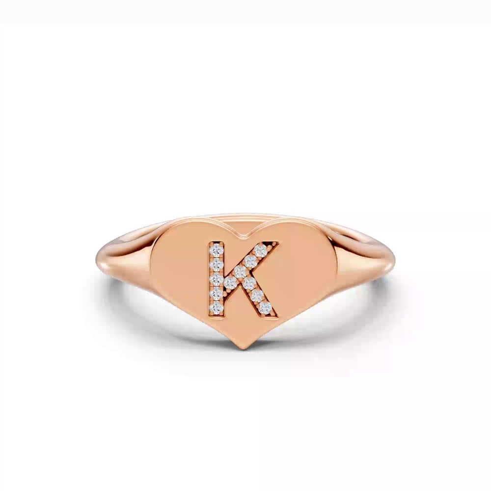 360 degree view of Heart Pavé Lab Diamond Initial Signet Ring - K