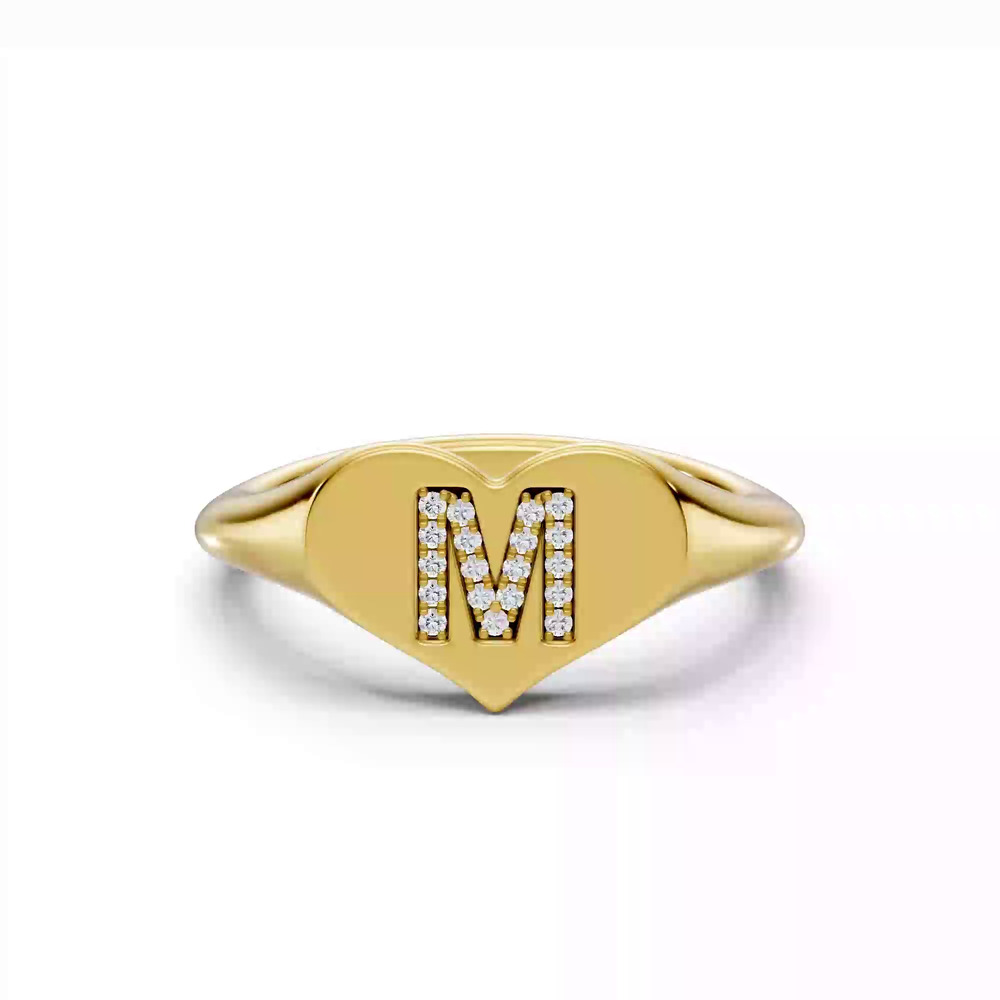360 degree view of Heart Pavé Diamond Initial Signet Ring - M