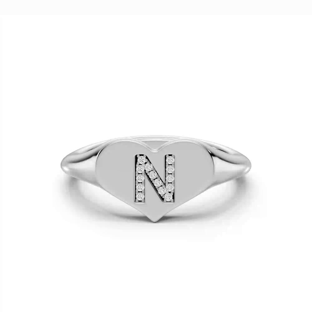 360 degree view of Heart Pavé Diamond Initial Signet Ring - N