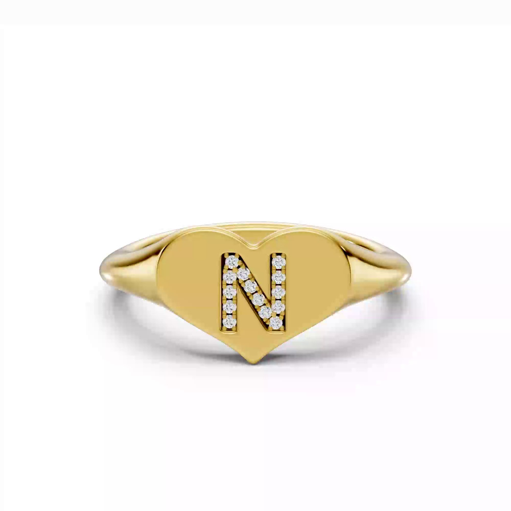360 degree view of Heart Pavé Lab Diamond Initial Signet Ring - N