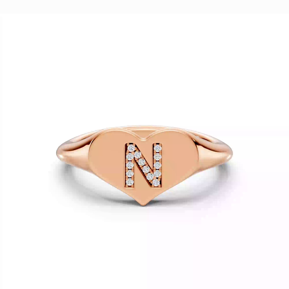 360 degree view of Heart Pavé Diamond Initial Signet Ring - N