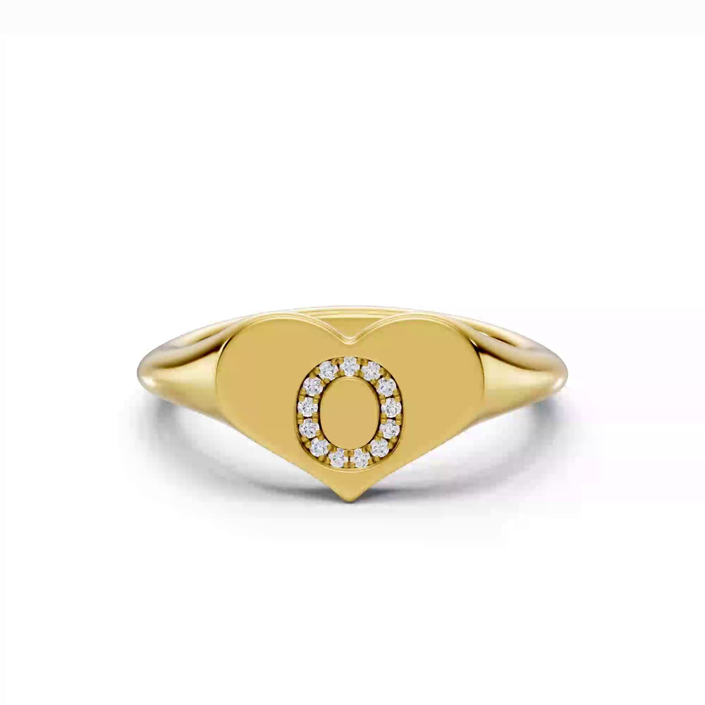 360 degree view of Heart Pavé Diamond Initial Signet Ring - O