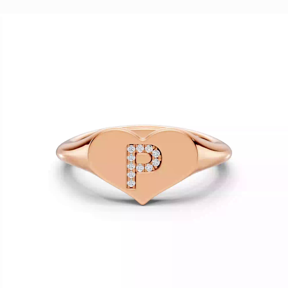 360 degree view of Heart Pavé Lab Diamond Initial Signet Ring - P
