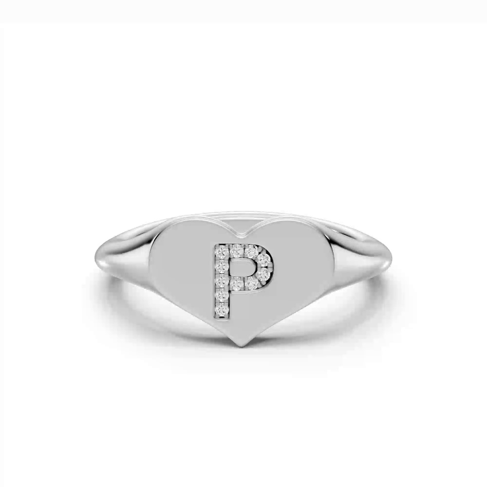 360 degree view of Heart Pavé Diamond Initial Signet Ring - P