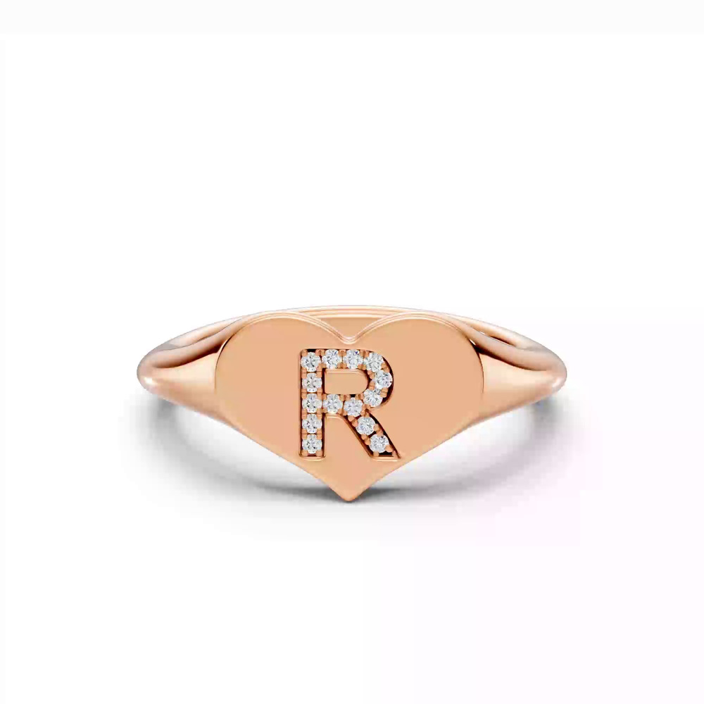 360 degree view of Heart Pavé Diamond Initial Signet Ring - R