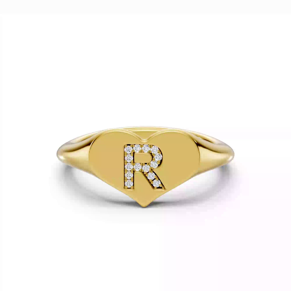 360 degree view of Heart Pavé Diamond Initial Signet Ring - R