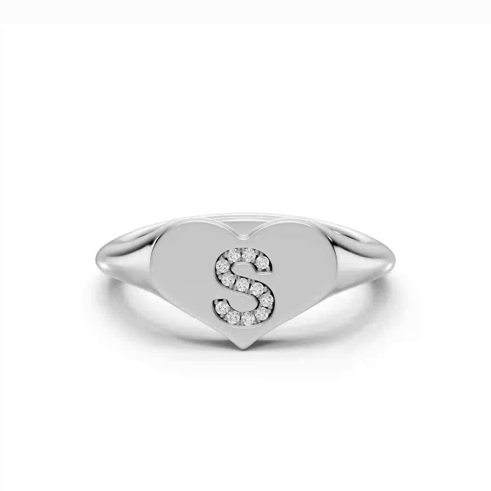 360 degree view of Heart Pavé Diamond Initial Signet Ring - S