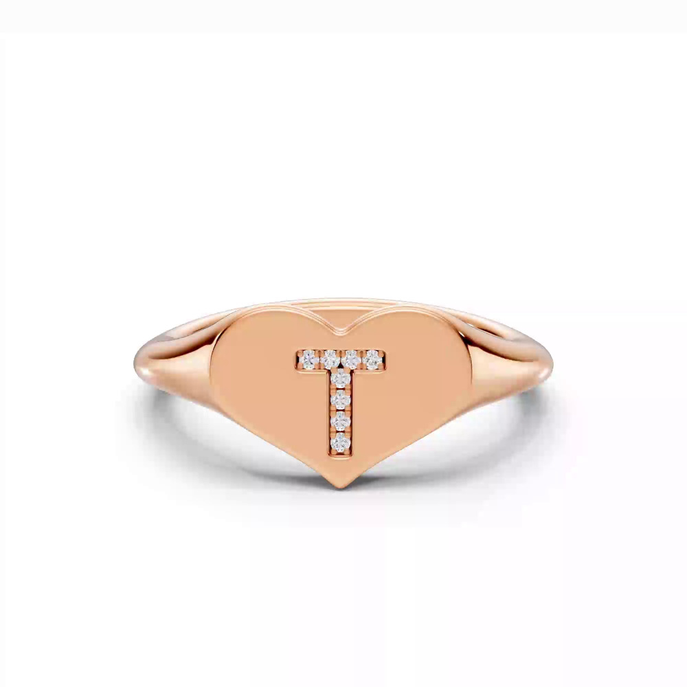 360 degree view of Heart Pavé Diamond Initial Signet Ring - T