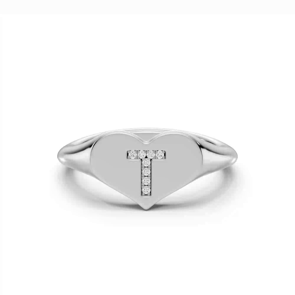 360 degree view of Heart Pavé Lab Diamond Initial Signet Ring - T