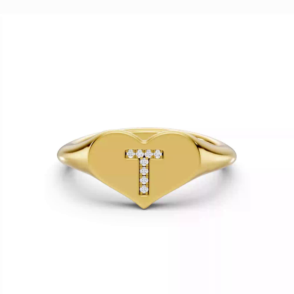 360 degree view of Heart Pavé Lab Diamond Initial Signet Ring - T