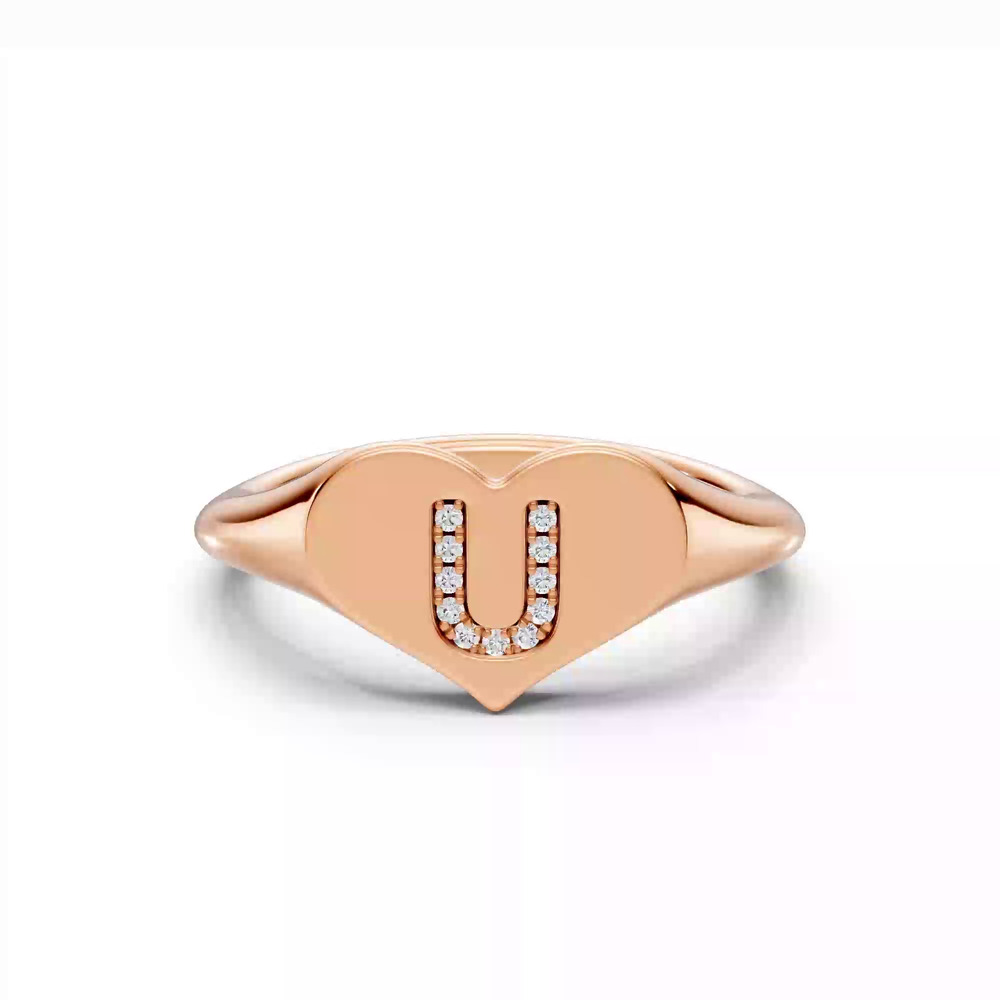 360 degree view of Heart Pavé Lab Diamond Initial Signet Ring - U